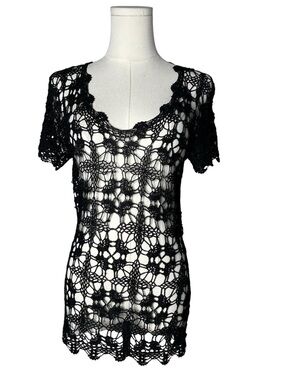 Y2K Vintage Black Open Knit Crochet Layering Top Coverup Whimsigoth Festival